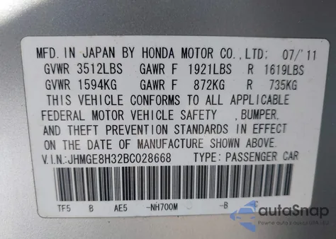 2011 Honda Fit from USA, damaged, VIN JHMGE8H32BC028668
